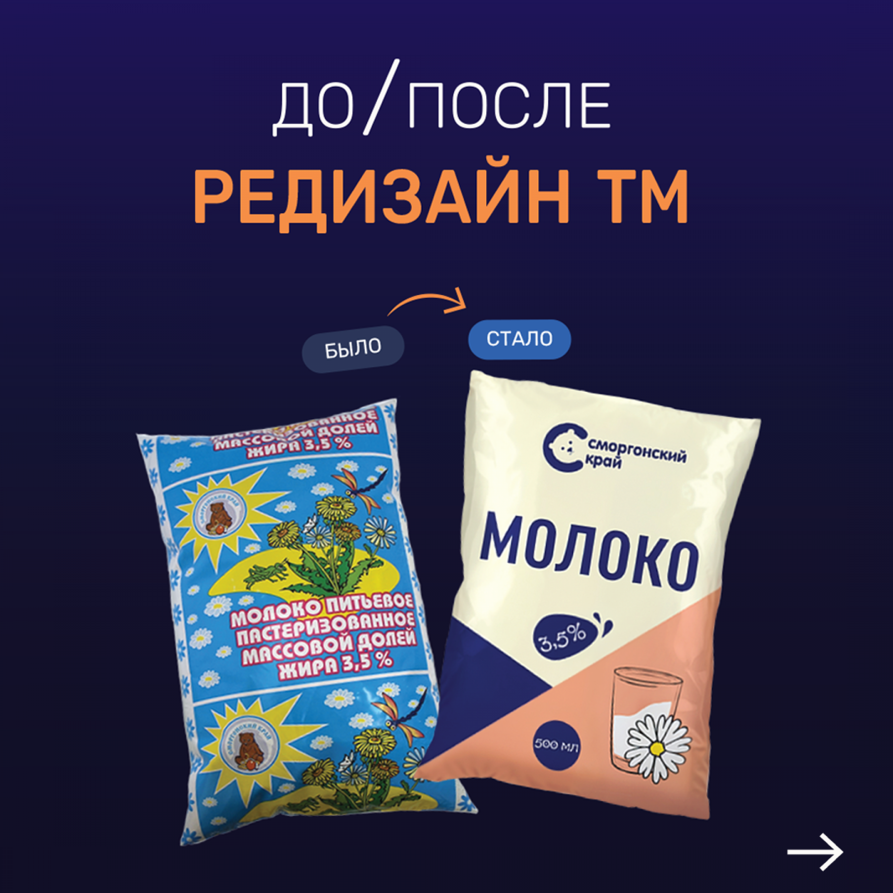 Ребрендинг торговой марки молочной продукции (редизайн логотипа, упаковки)